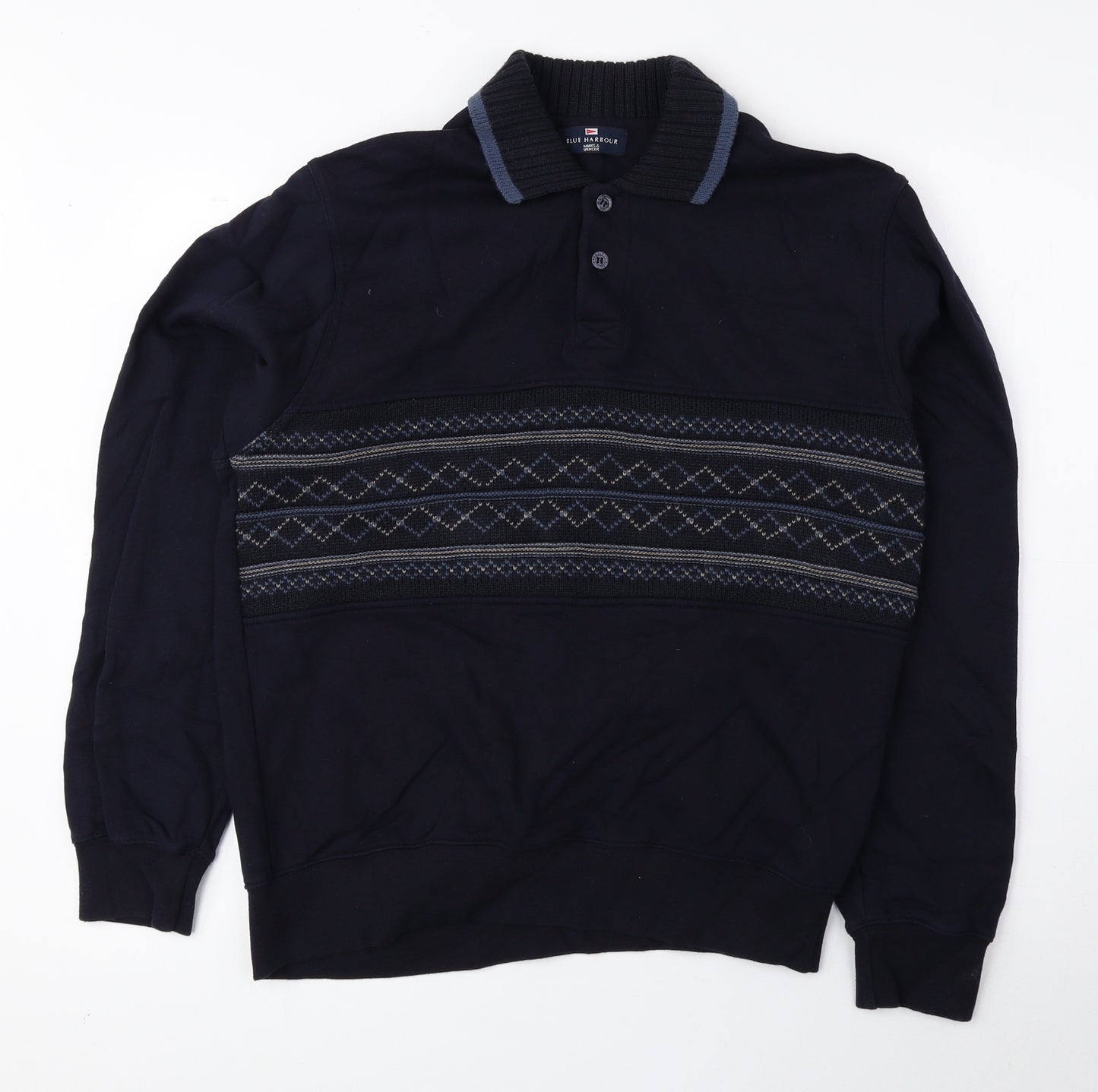 Blue Harbour Mens Blue Geometric Cotton Pullover Sweatshirt Size S