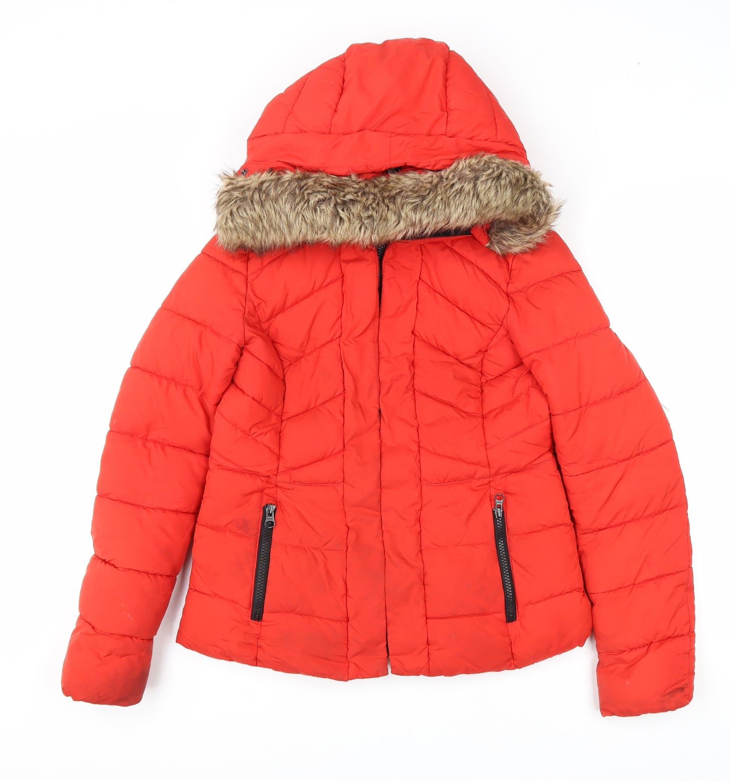 TU Womens Red Parka Coat Size 8 Zip - Removable fur trim