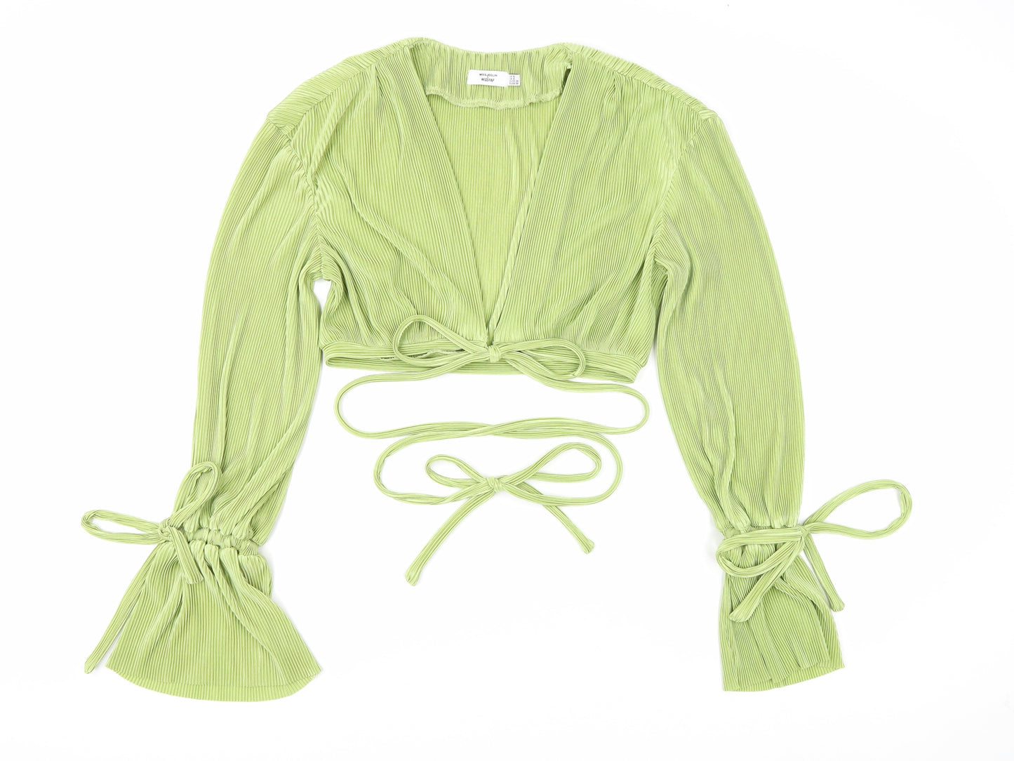 Misspap Womens Green Polyester Cropped Blouse Size 10 V-Neck - Tie Front