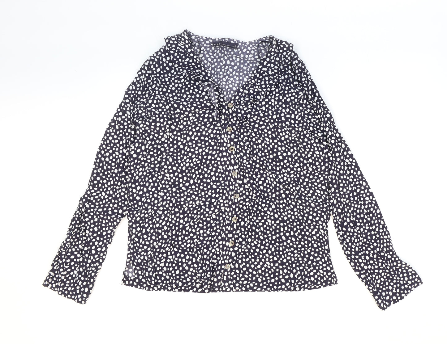 Marks and Spencer Womens Blue Polka Dot Viscose Basic Button-Up Size 8 Collared