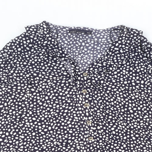 Marks and Spencer Womens Blue Polka Dot Viscose Basic Button-Up Size 8 Collared