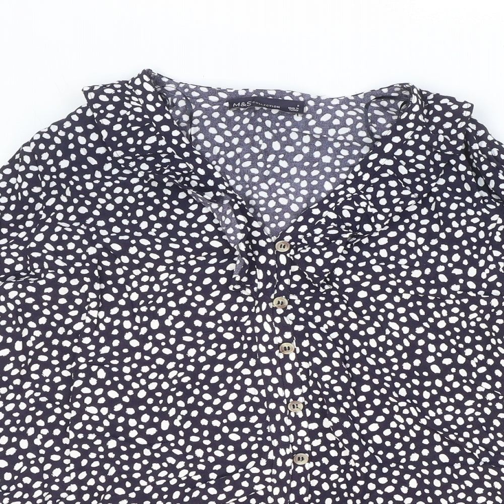 Marks and Spencer Womens Blue Polka Dot Viscose Basic Button-Up Size 8 Collared