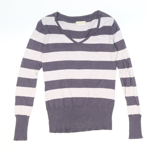 Blend Womens Purple V-Neck Striped Cotton Pullover Jumper Size M