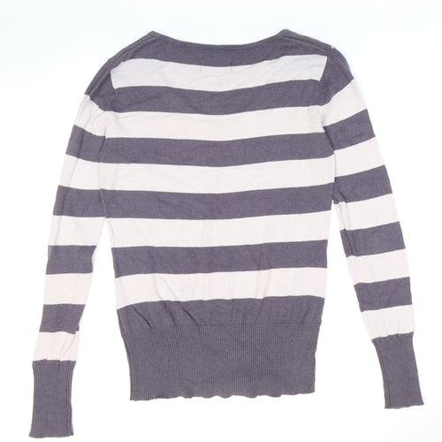 Blend Womens Purple V-Neck Striped Cotton Pullover Jumper Size M