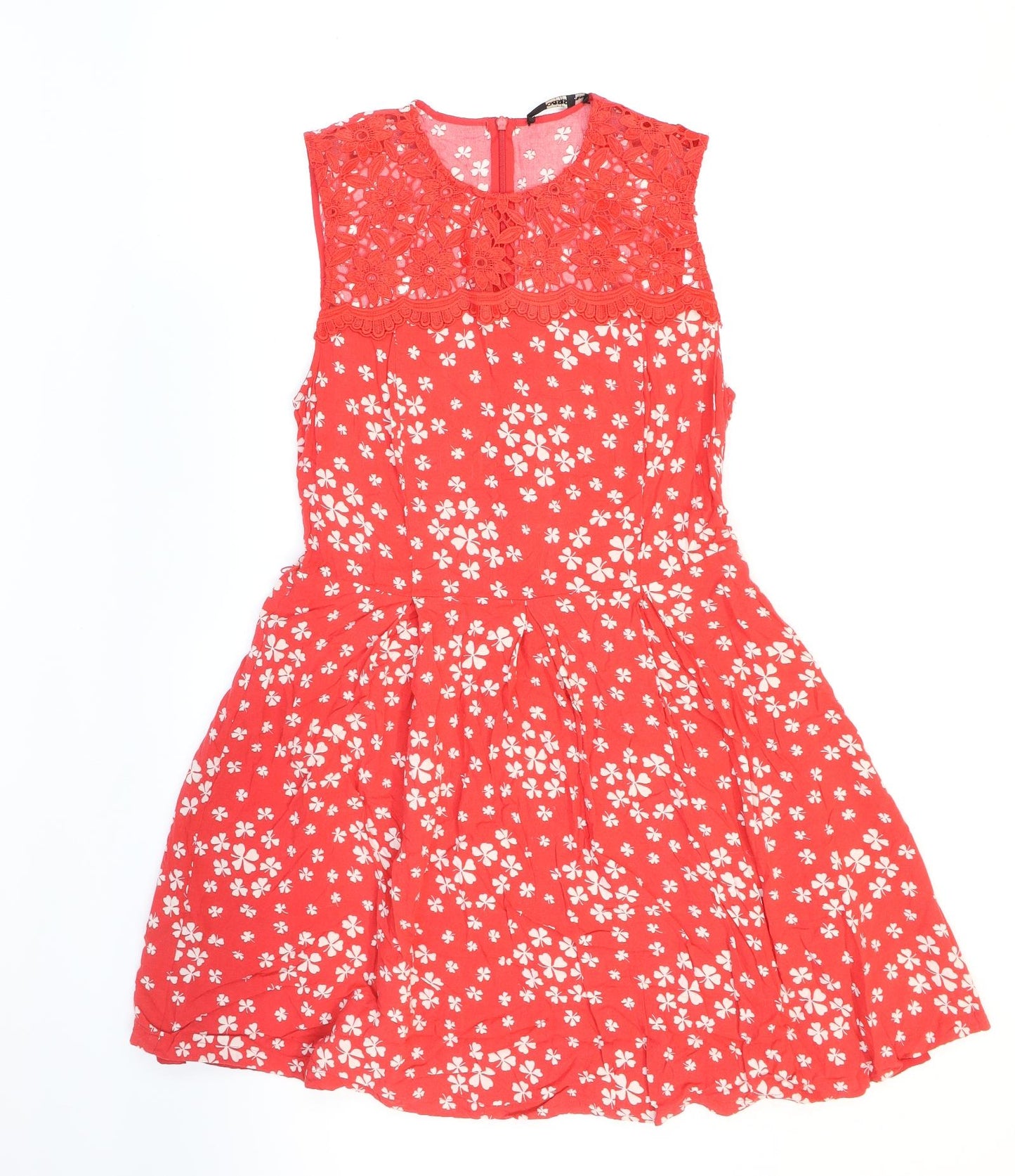 Oasis Womens Red Floral Viscose Fit & Flare Size 12 Round Neck Zip