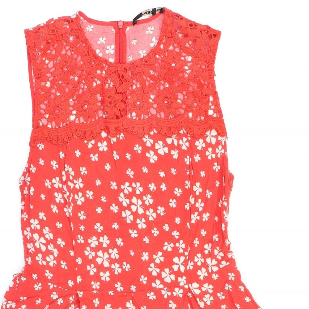 Oasis Womens Red Floral Viscose Fit & Flare Size 12 Round Neck Zip