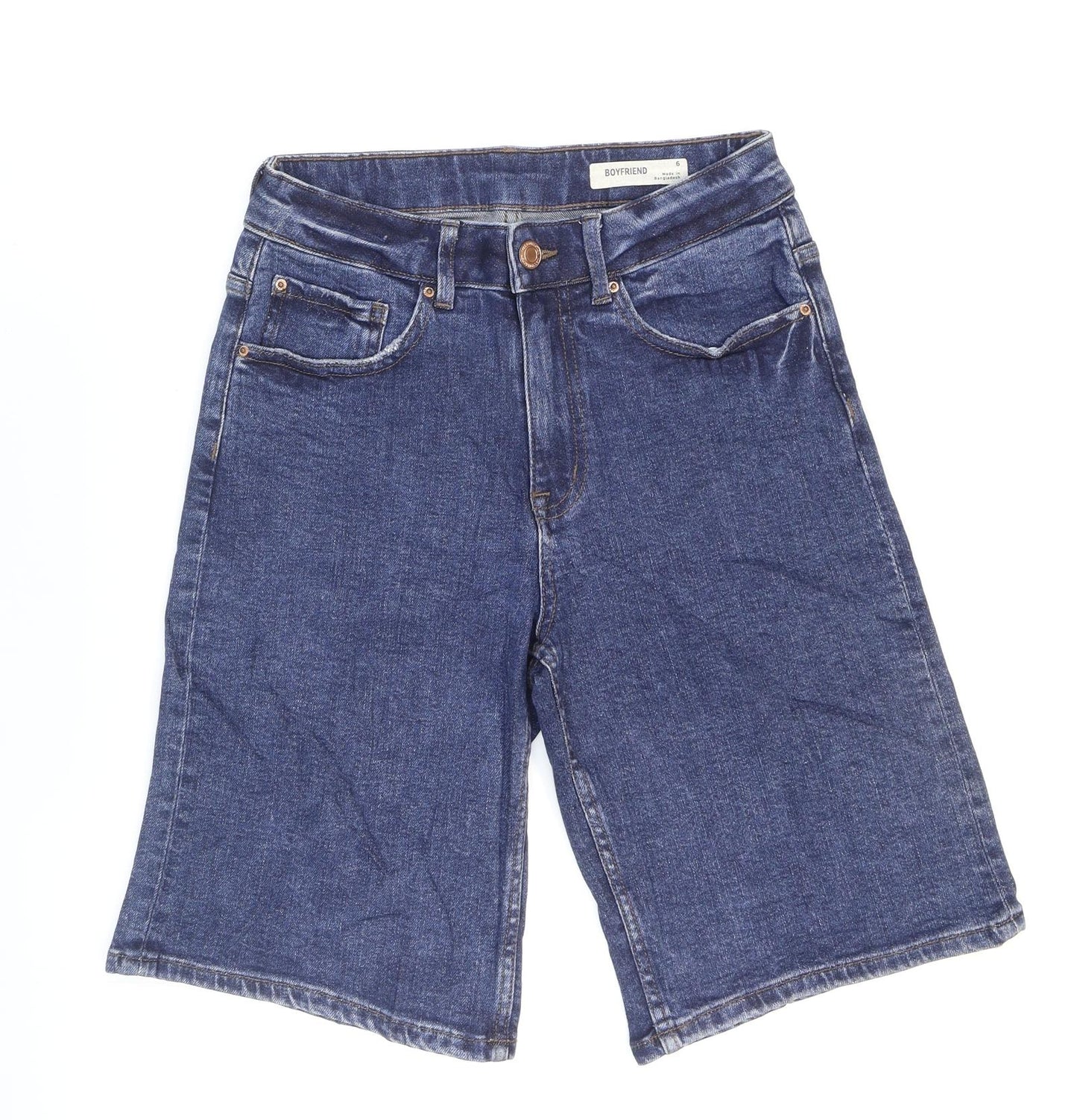 Marks and Spencer Womens Blue Cotton Boyfriend Shorts Size 6 Regular Zip