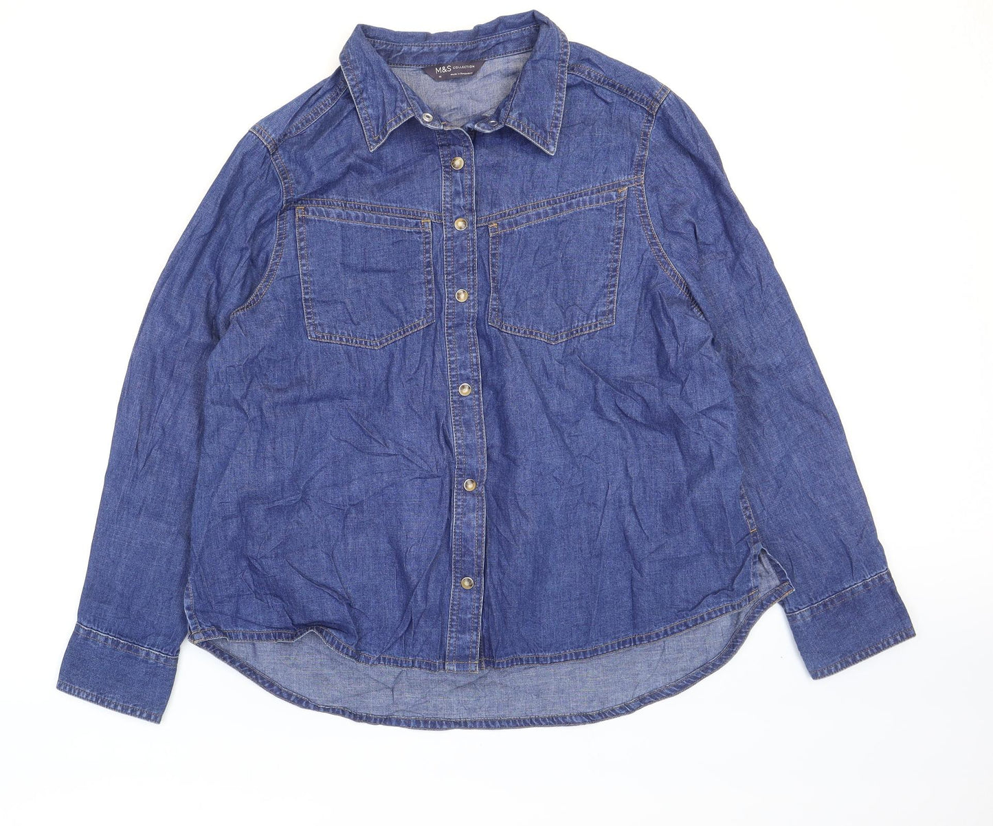 Marks and Spencer Womens Blue 100% Cotton Basic Button-Up Size 16 Collared