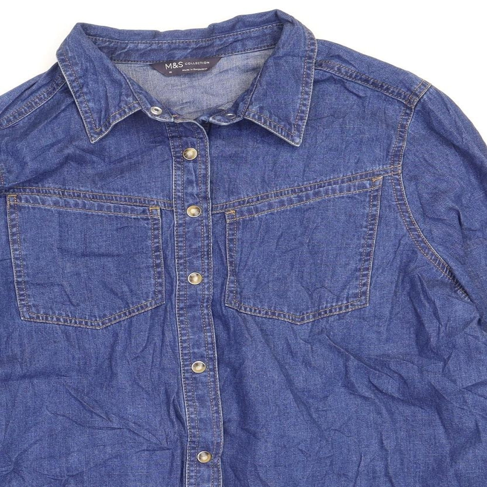 Marks and Spencer Womens Blue 100% Cotton Basic Button-Up Size 16 Collared
