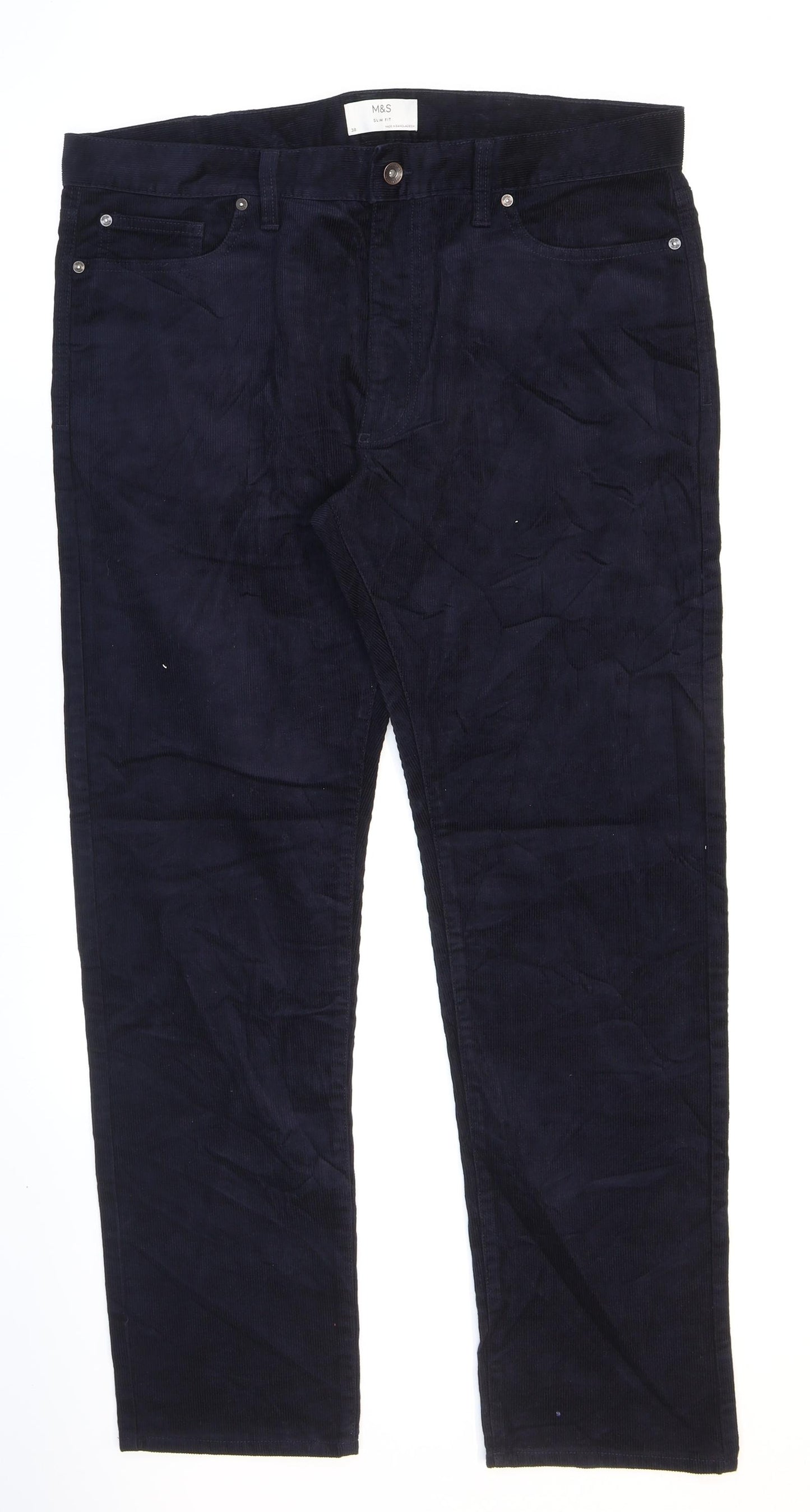 Marks and Spencer Mens Blue Cotton Trousers Size 38 in L30 in Regular Zip