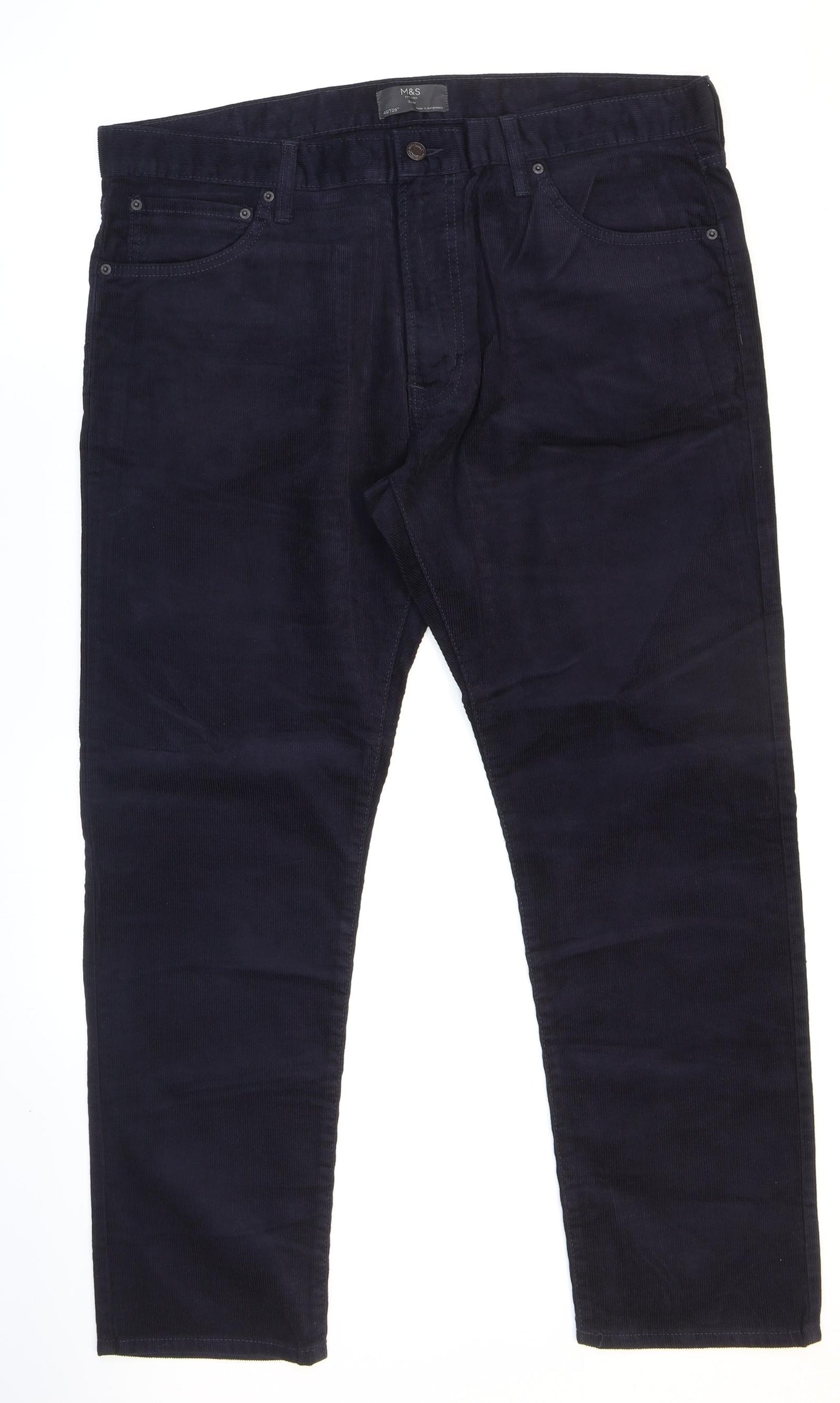 Marks and Spencer Mens Blue Cotton Trousers Size 40 in L29 in Regular Zip