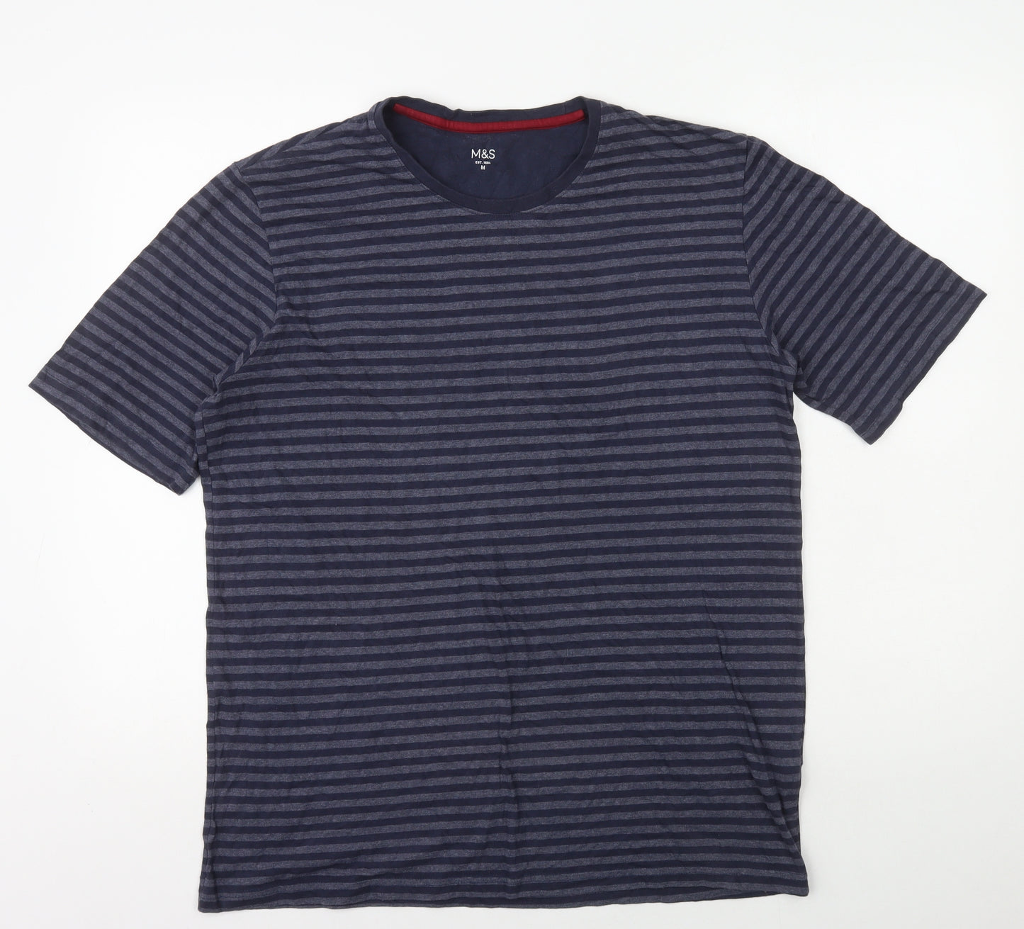 Marks and Spencer Mens Blue Striped Cotton T-Shirt Size M Round Neck