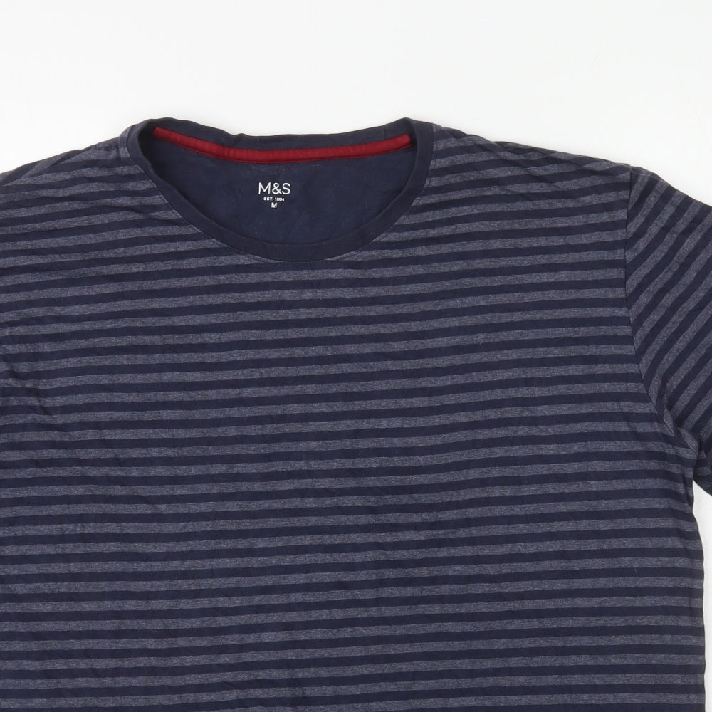 Marks and Spencer Mens Blue Striped Cotton T-Shirt Size M Round Neck