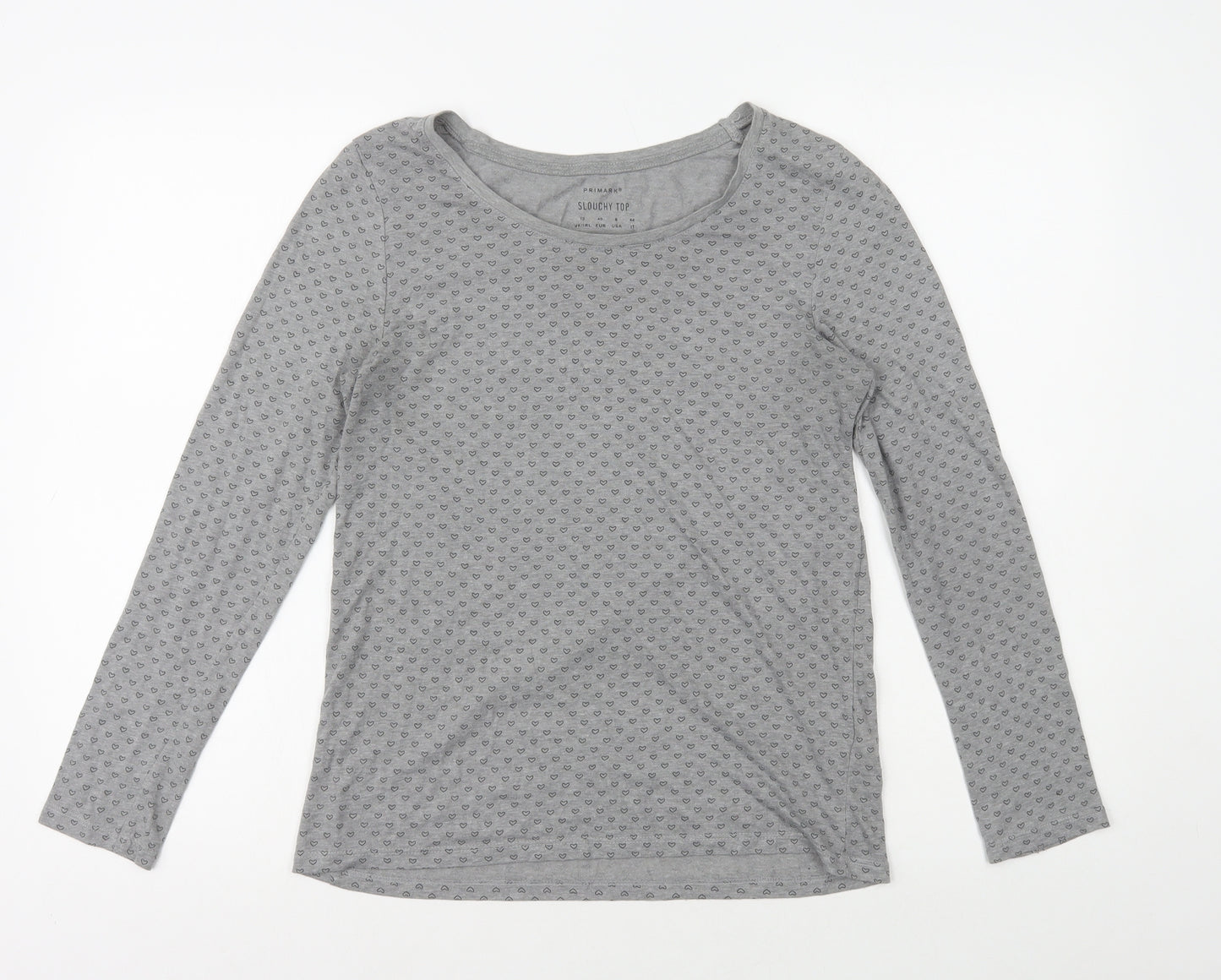 Primark Womens Grey Geometric Polyester Basic T-Shirt Size 12 Round Neck - Heart Print