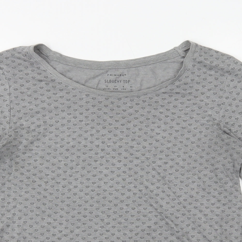 Primark Womens Grey Geometric Polyester Basic T-Shirt Size 12 Round Neck - Heart Print