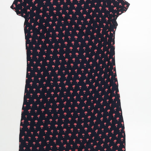 Zara Womens Blue Geometric Polyester A-Line Size S Round Neck Button - Pink Palm Trees