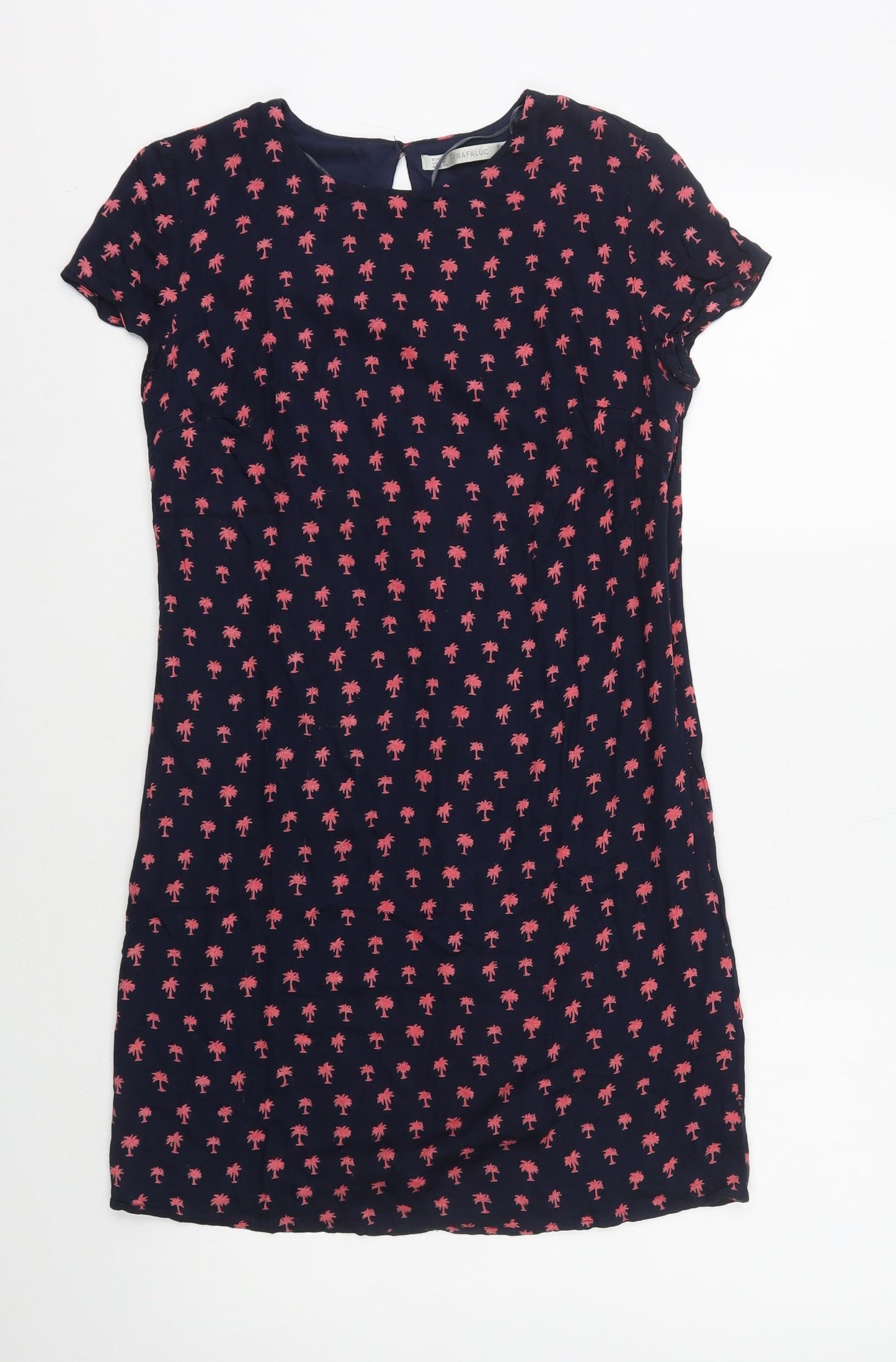 Zara Womens Blue Geometric Polyester A-Line Size S Round Neck Button - Pink Palm Trees