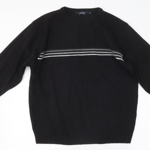 Ben Smith Womens Black Round Neck Striped Polyester Pullover Jumper Size L