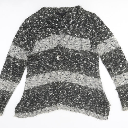 Janique Womens Grey V-Neck Striped Polyester Cardigan Jumper Size 12