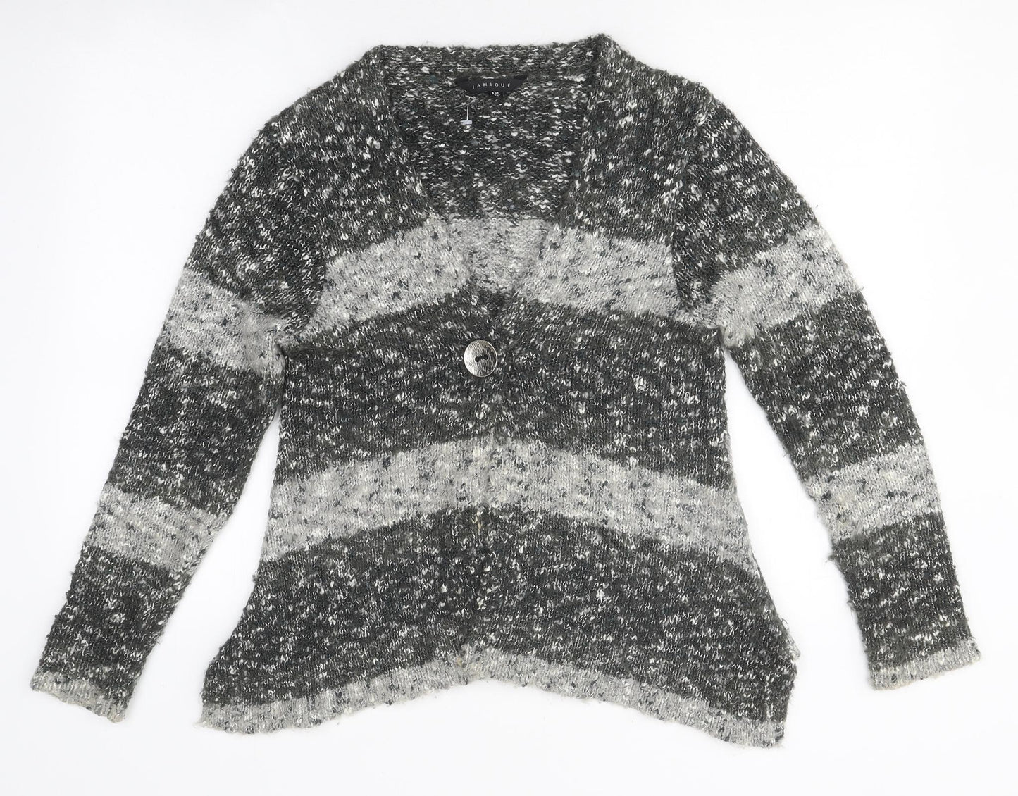 Janique Womens Grey V-Neck Striped Polyester Cardigan Jumper Size 12