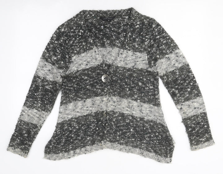 Janique Womens Grey V-Neck Striped Polyester Cardigan Jumper Size 12