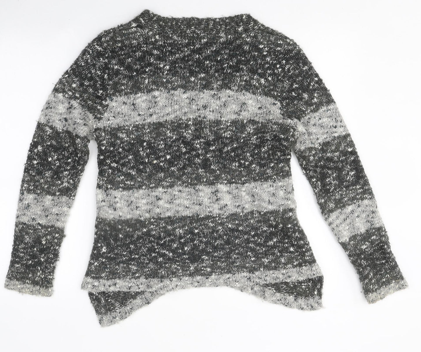 Janique Womens Grey V-Neck Striped Polyester Cardigan Jumper Size 12