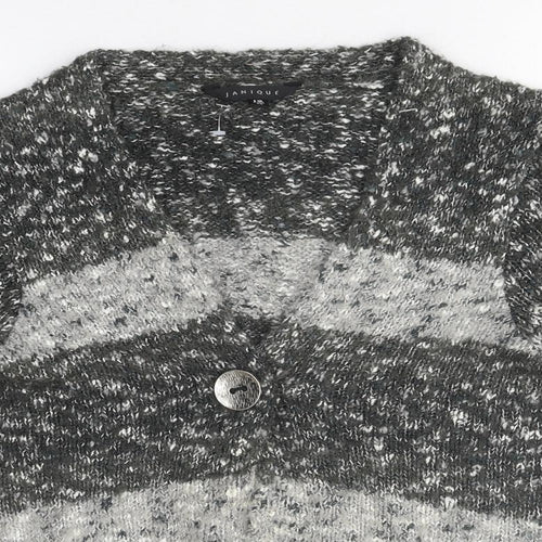 Janique Womens Grey V-Neck Striped Polyester Cardigan Jumper Size 12