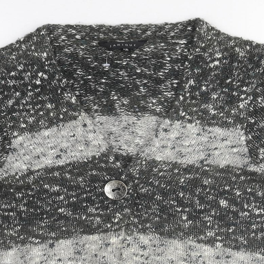 Janique Womens Grey V-Neck Striped Polyester Cardigan Jumper Size 12