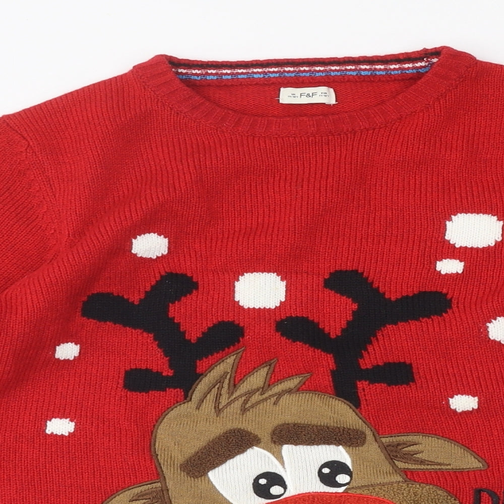 F&F Boys Red Round Neck Polyester Pullover Jumper Size 11-12 Years Pullover - Christmas Reindeer