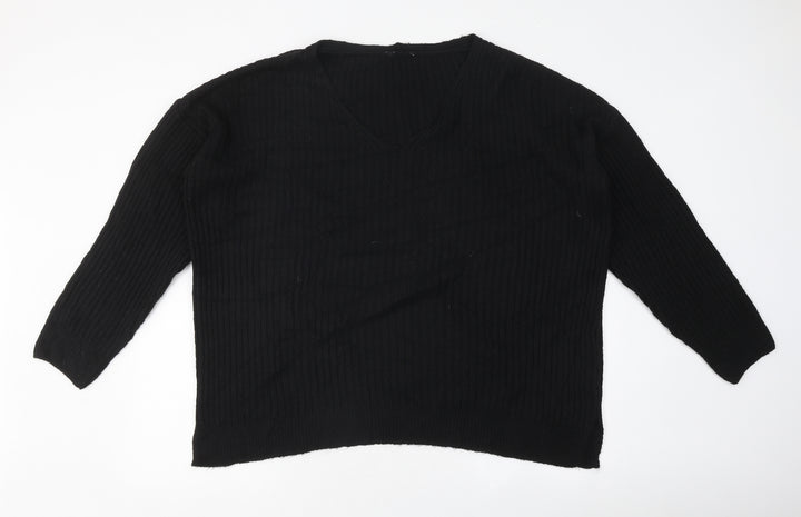 New Look Womens Black V-Neck Polyester Pullover Jumper Size L - Ribbed