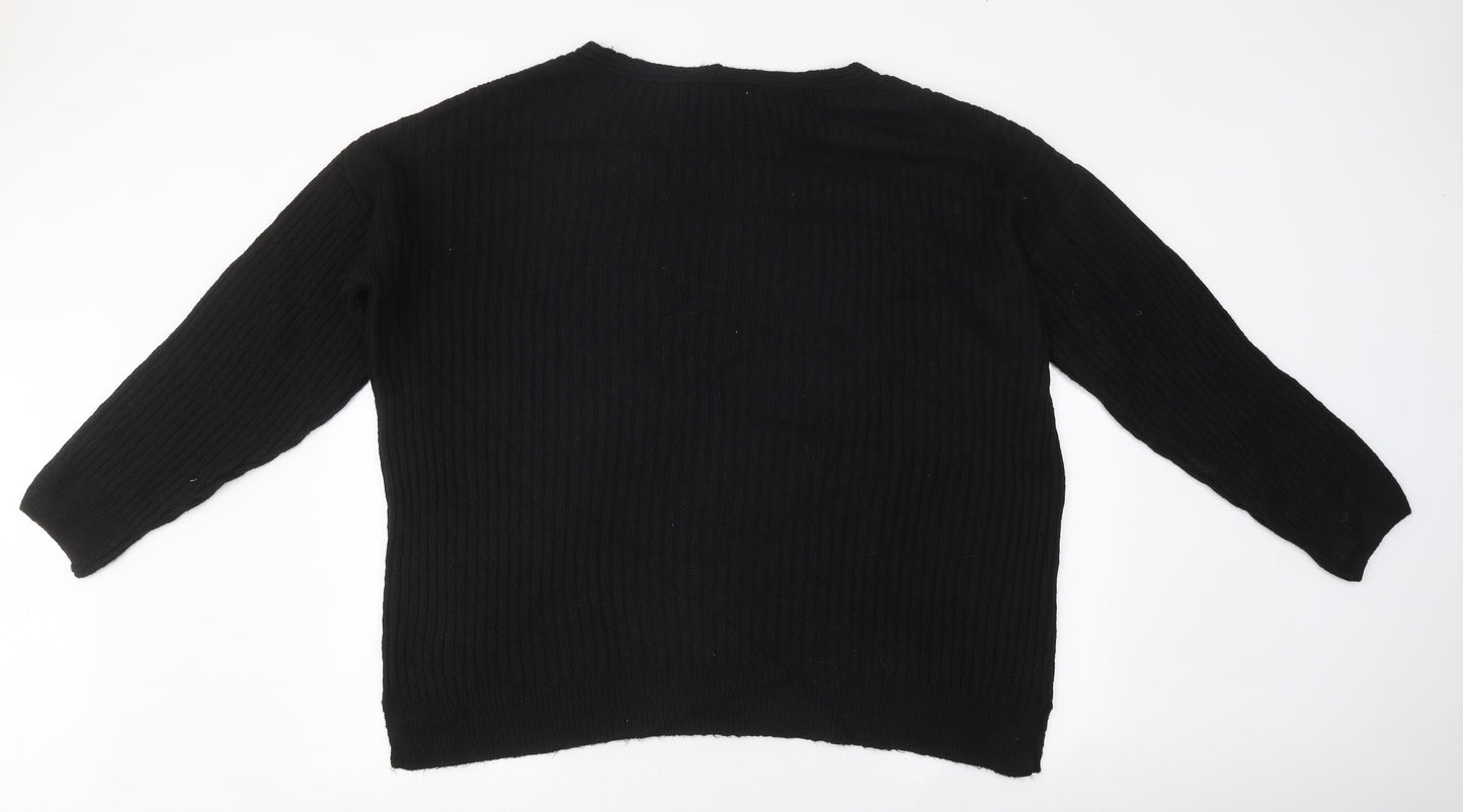 New Look Womens Black V-Neck Polyester Pullover Jumper Size L - Ribbed