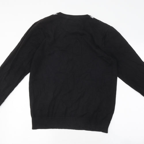 Dissident Mens Black Round Neck Argyle/Diamond Cotton Pullover Jumper Size M