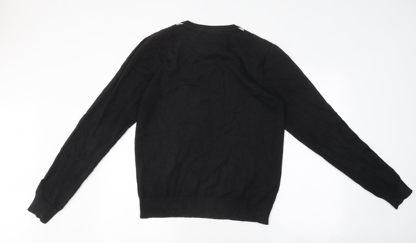 Dissident Mens Black Round Neck Argyle/Diamond Cotton Pullover Jumper Size M