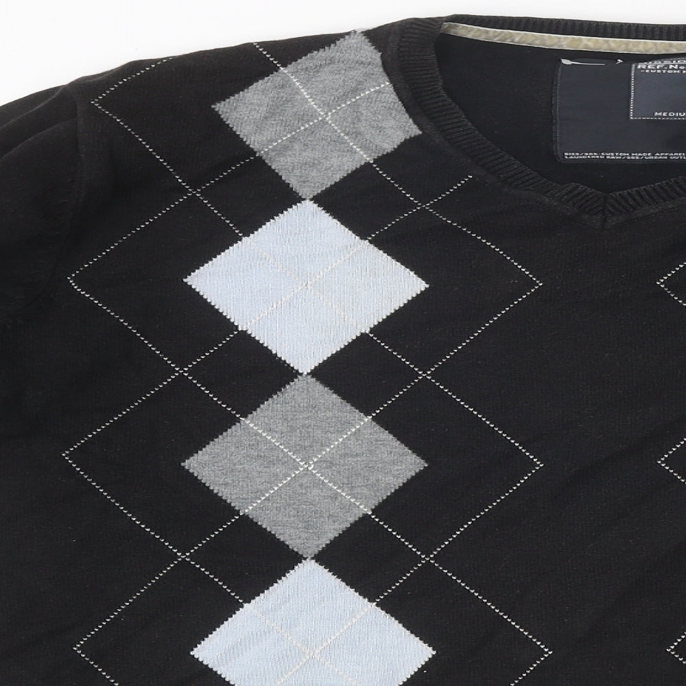 Dissident Mens Black Round Neck Argyle/Diamond Cotton Pullover Jumper Size M