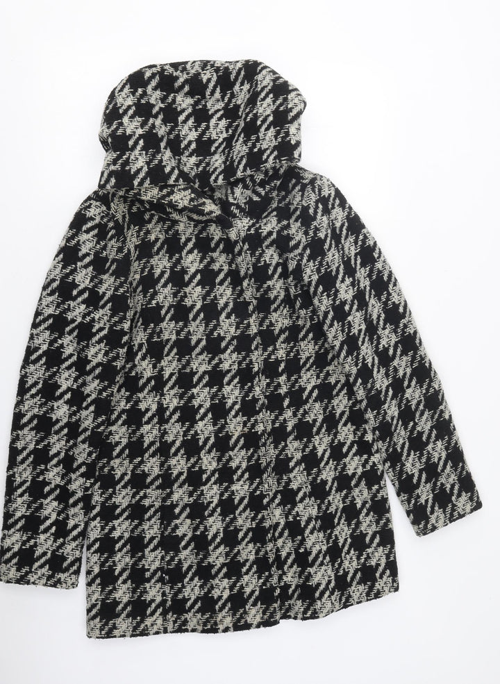New Look Womens Black Herringbone Overcoat Coat Size 8 Snap