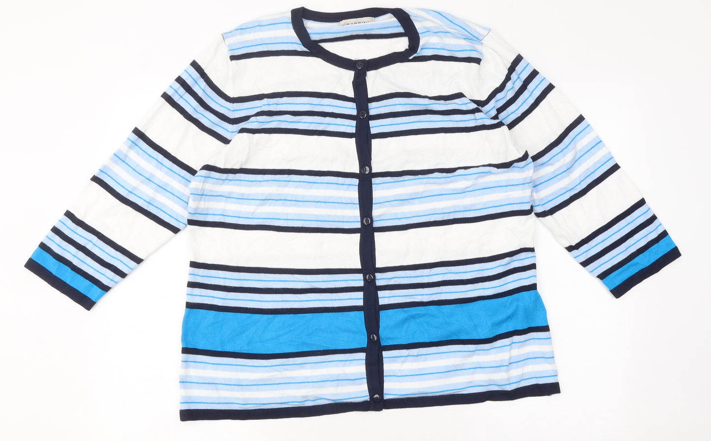 BASSINI Womens Blue V-Neck Striped Polyester Cardigan Jumper Size XL