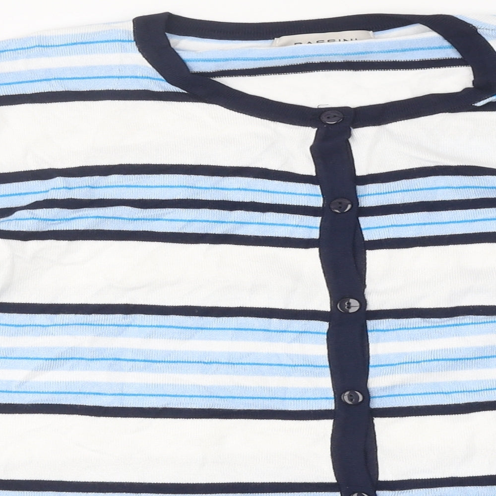 BASSINI Womens Blue V-Neck Striped Polyester Cardigan Jumper Size XL