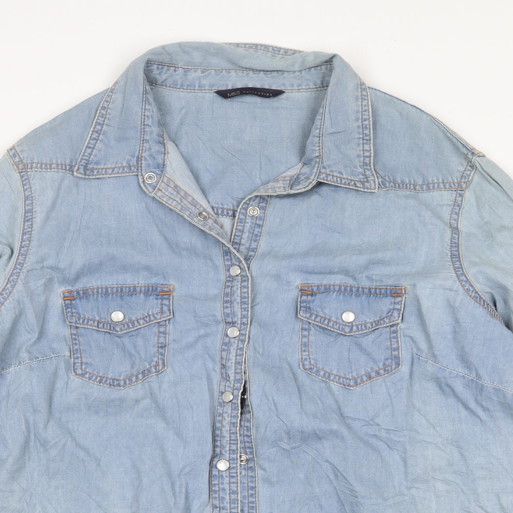 Marks and Spencer Womens Blue 100% Cotton Basic Button-Up Size 16 Collared