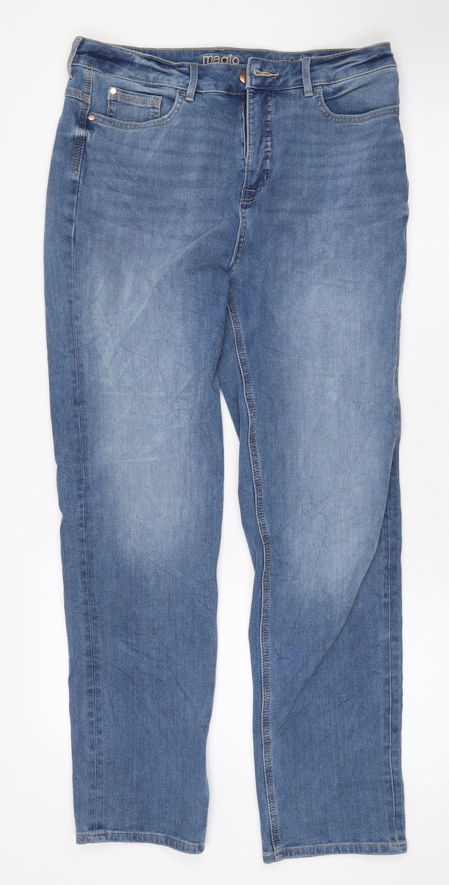 Marks and Spencer Womens Blue Cotton Straight Jeans Size 14 L28 in Regular Zip