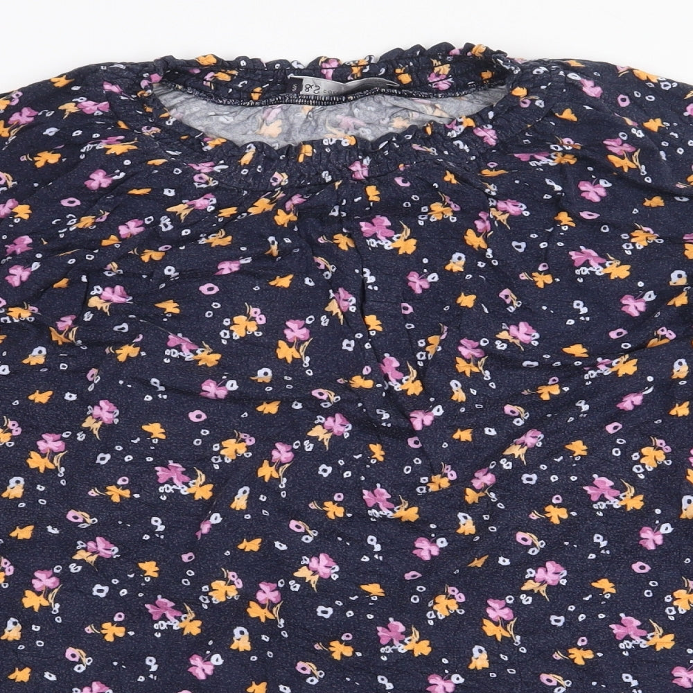 Marks and Spencer Womens Blue Floral Viscose Basic Blouse Size 24 Round Neck