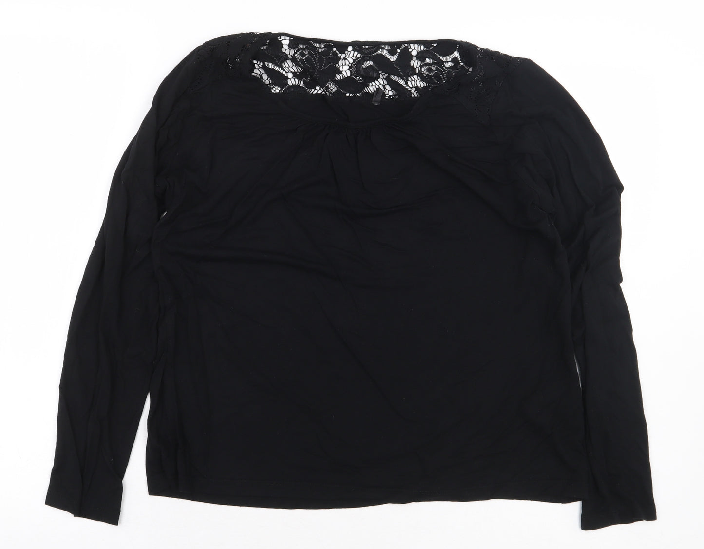 Marks and Spencer Womens Black Viscose Basic Blouse Size 16 Scoop Neck - Lace Trim