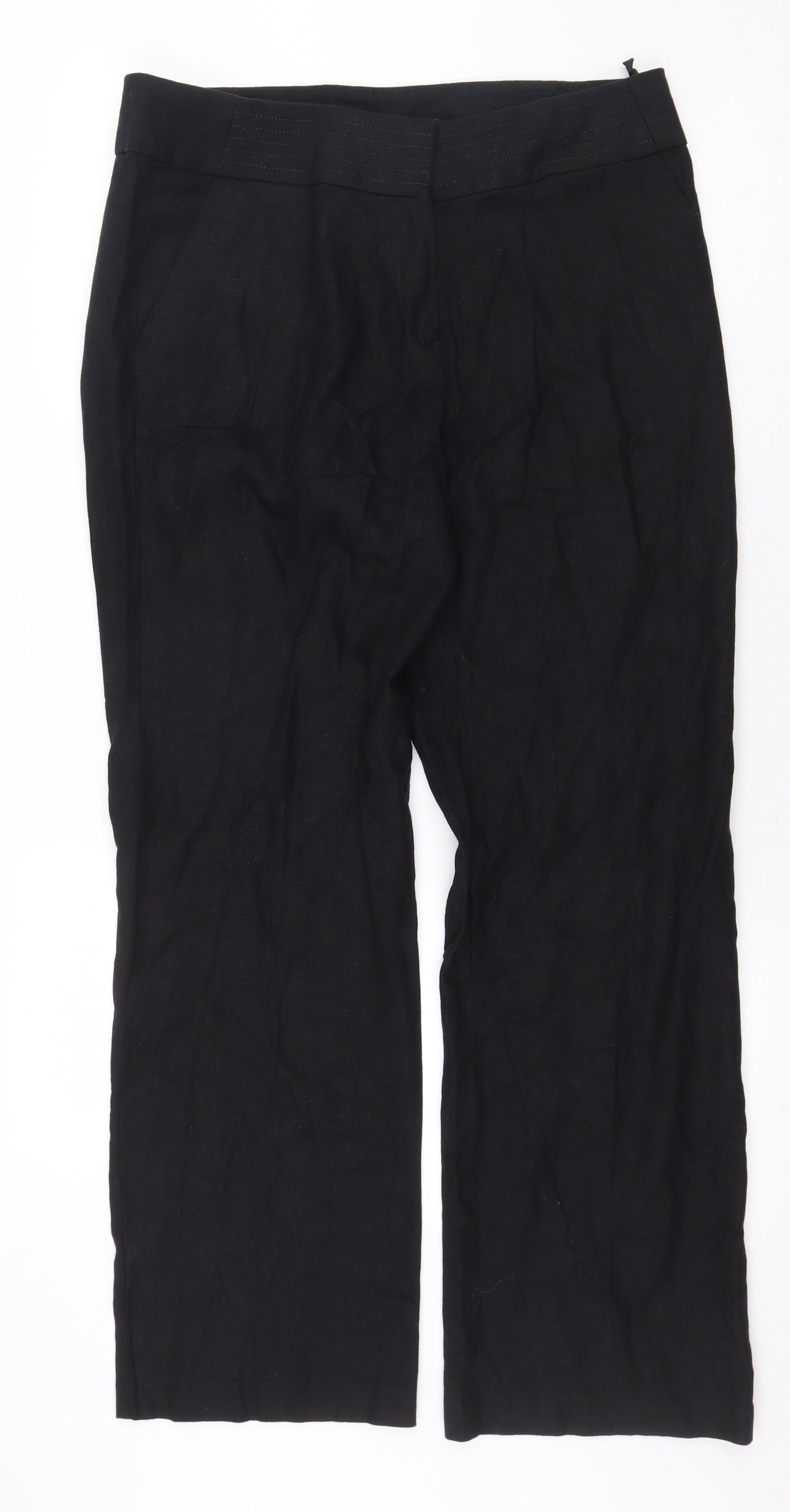 Marks and Spencer Womens Black Linen Trousers Size 14 L28 in Regular Hook & Eye