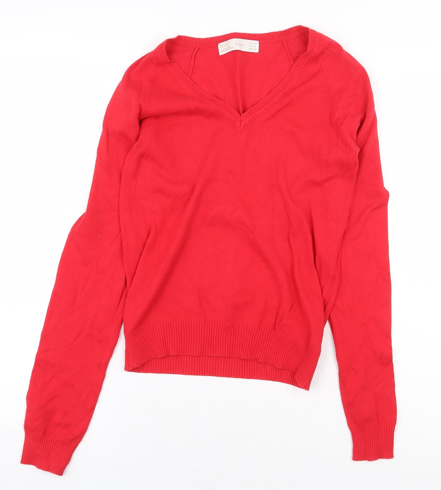 Zara Womens Red V-Neck Cotton Pullover Jumper Size S