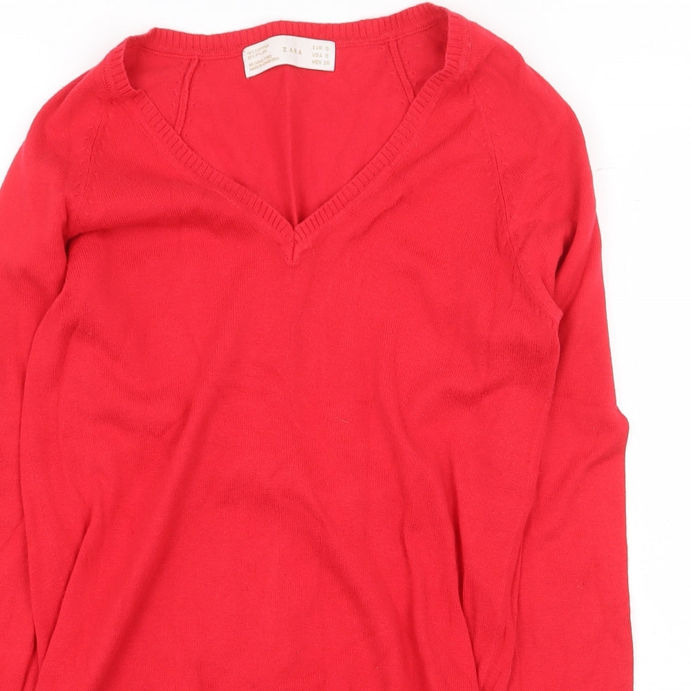 Zara Womens Red V-Neck Cotton Pullover Jumper Size S