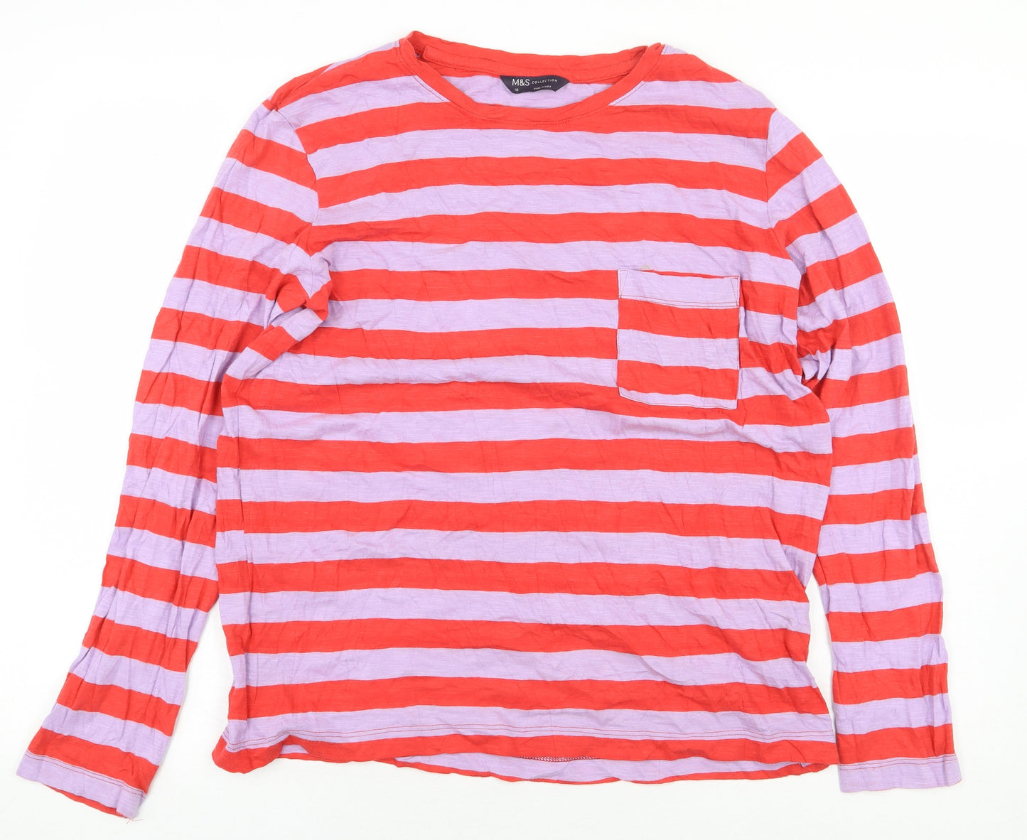 Marks and Spencer Womens Red Striped 100% Cotton Basic T-Shirt Size 10 Round Neck