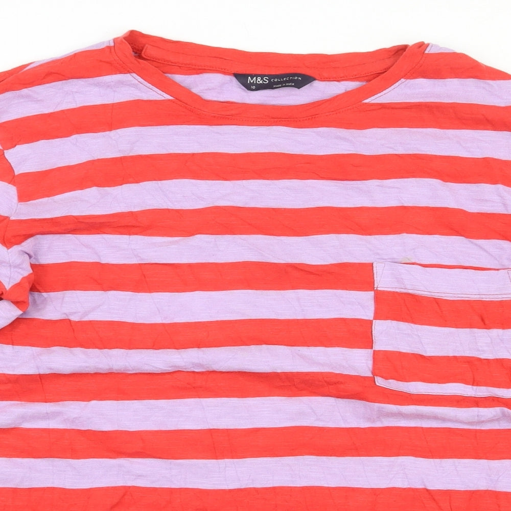 Marks and Spencer Womens Red Striped 100% Cotton Basic T-Shirt Size 10 Round Neck