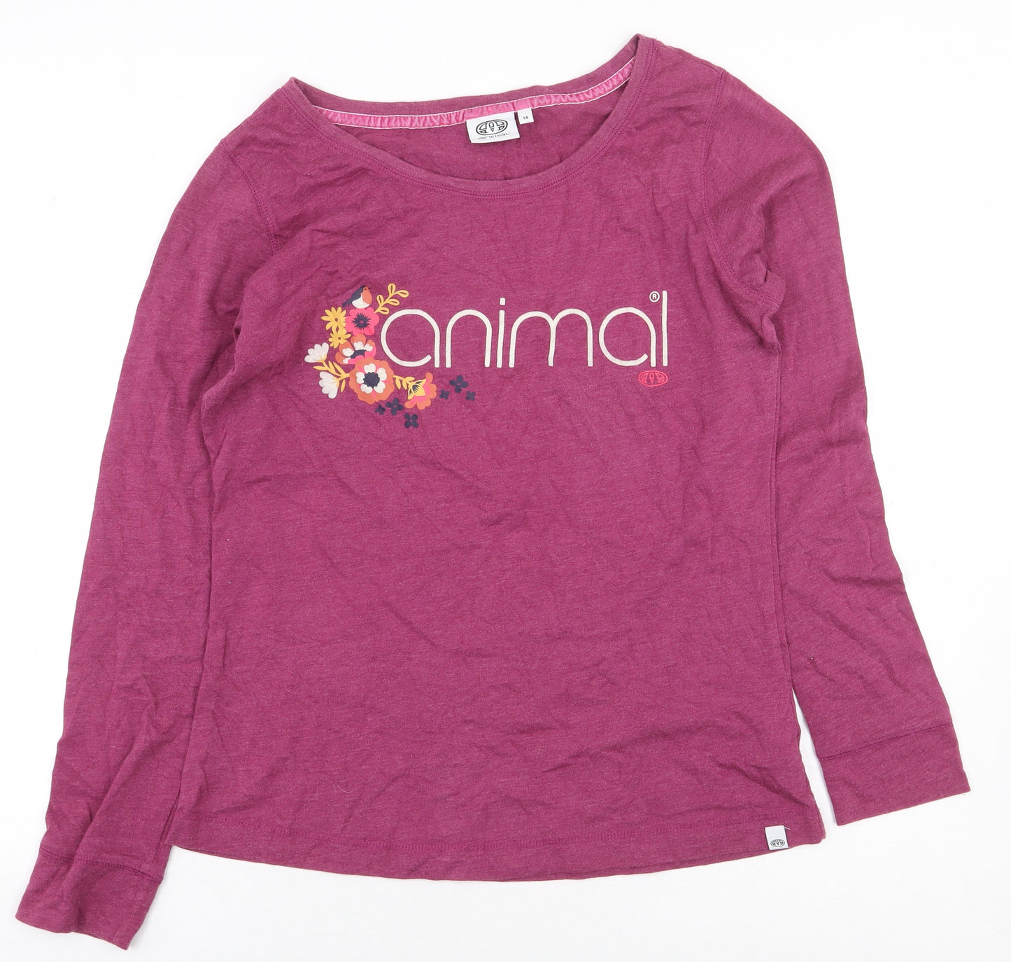Animal Womens Purple Cotton Basic T-Shirt Size 14 Round Neck