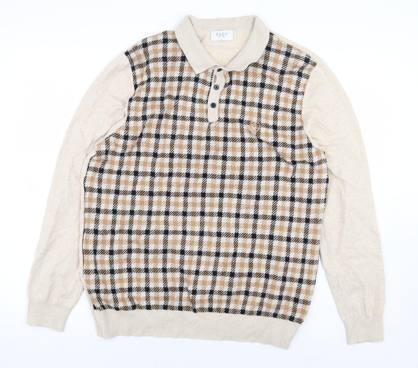 Easy Mens Beige Check Cotton Polo Size L Collared Button
