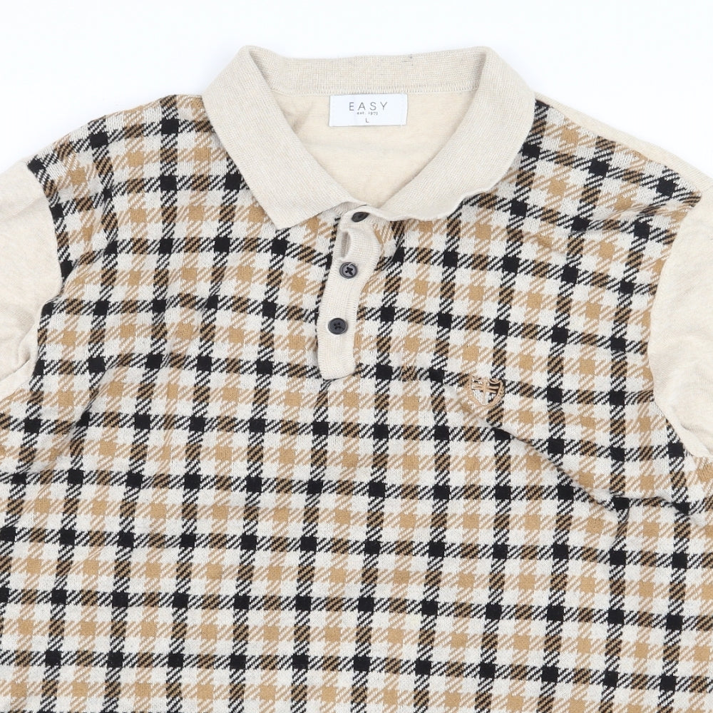 Easy Mens Beige Check Cotton Polo Size L Collared Button