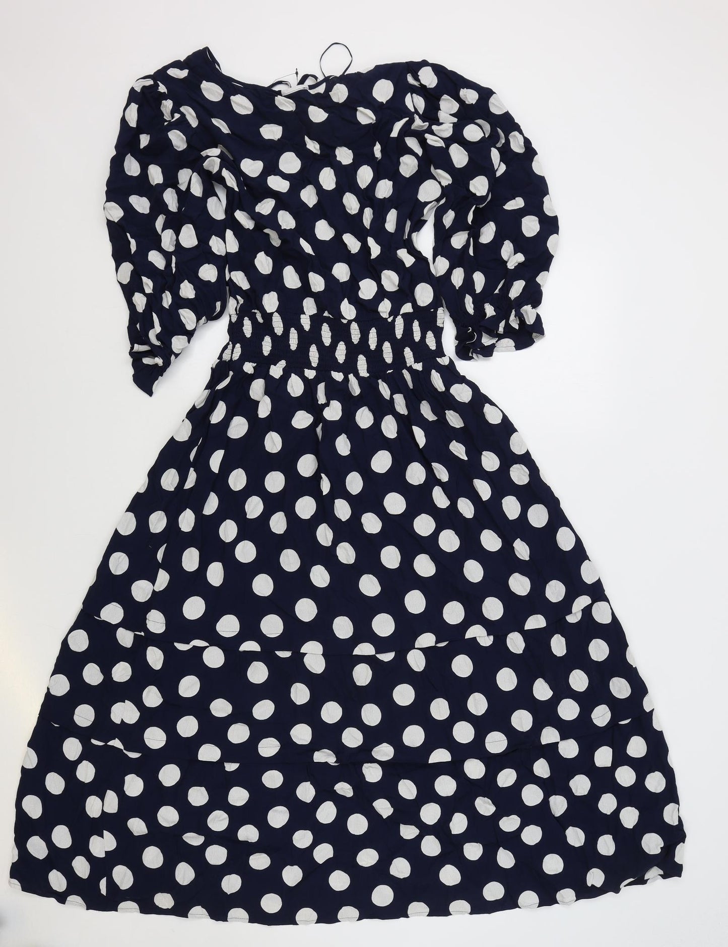 Marks and Spencer Womens Blue Polka Dot Polyester Fit & Flare Size 10 V-Neck Drawstring - Elasticated Waist